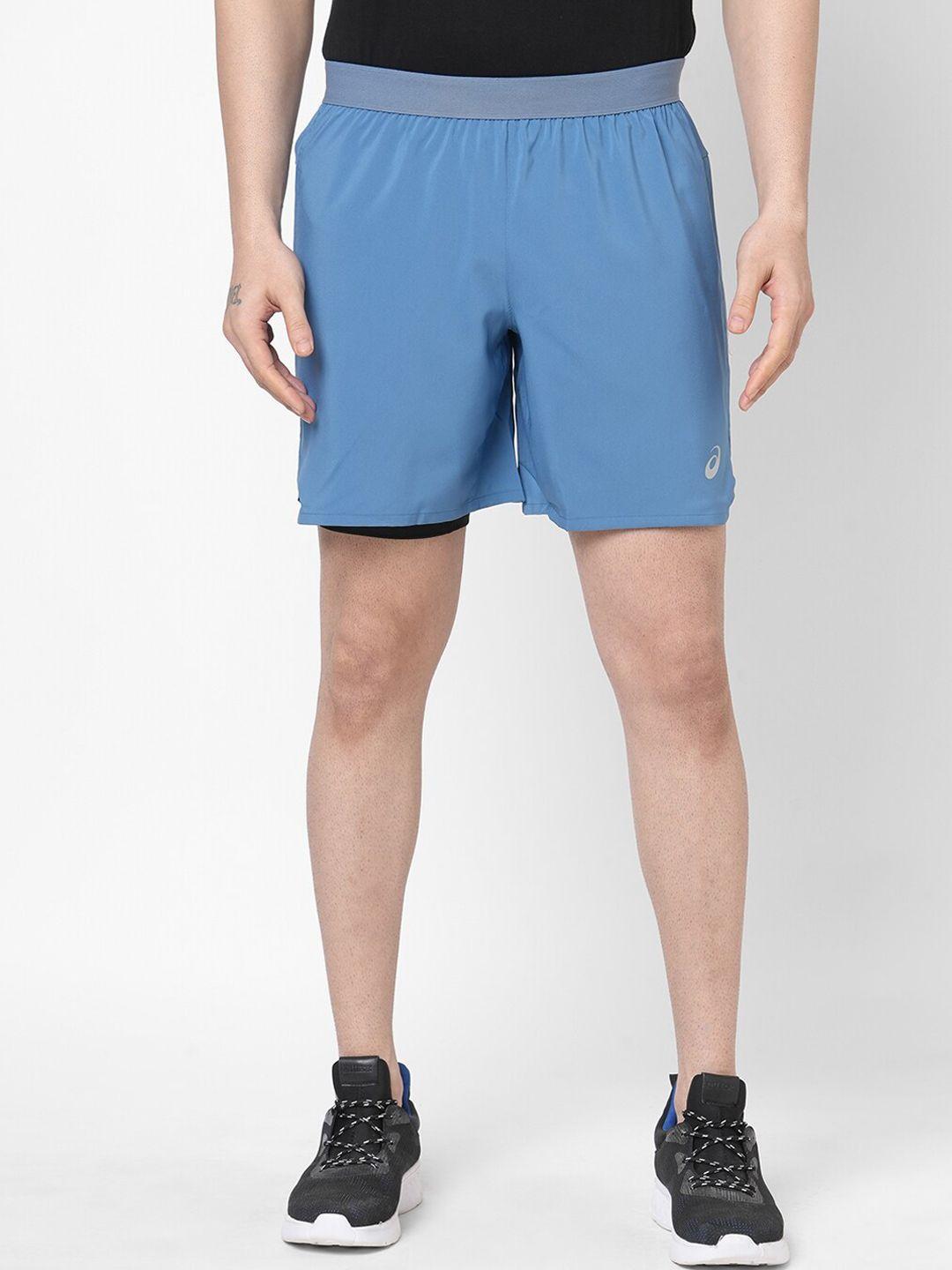 asics men blue solid road 2-n-1 7in shorts