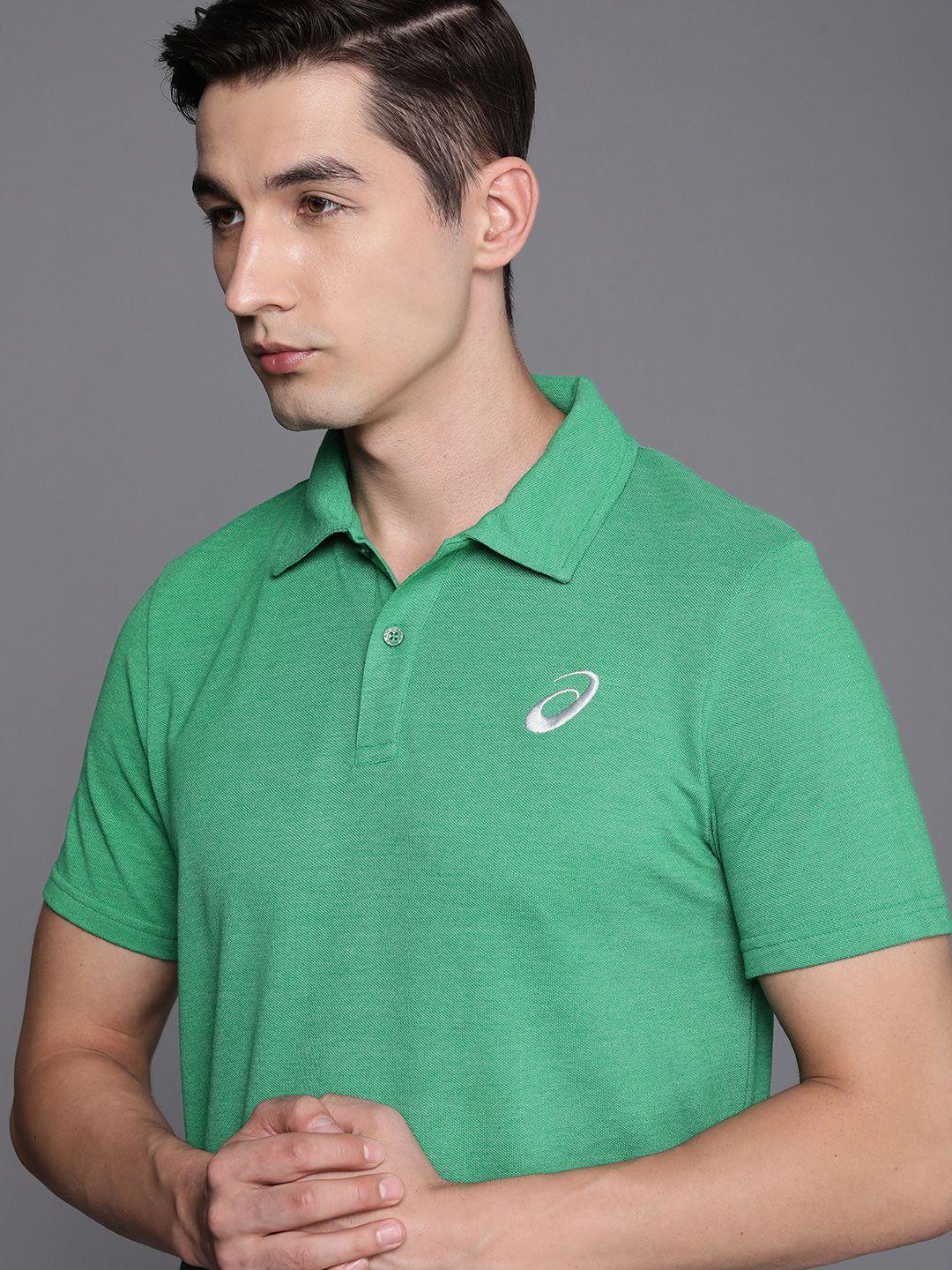 asics men green solid polo collar t-shirt