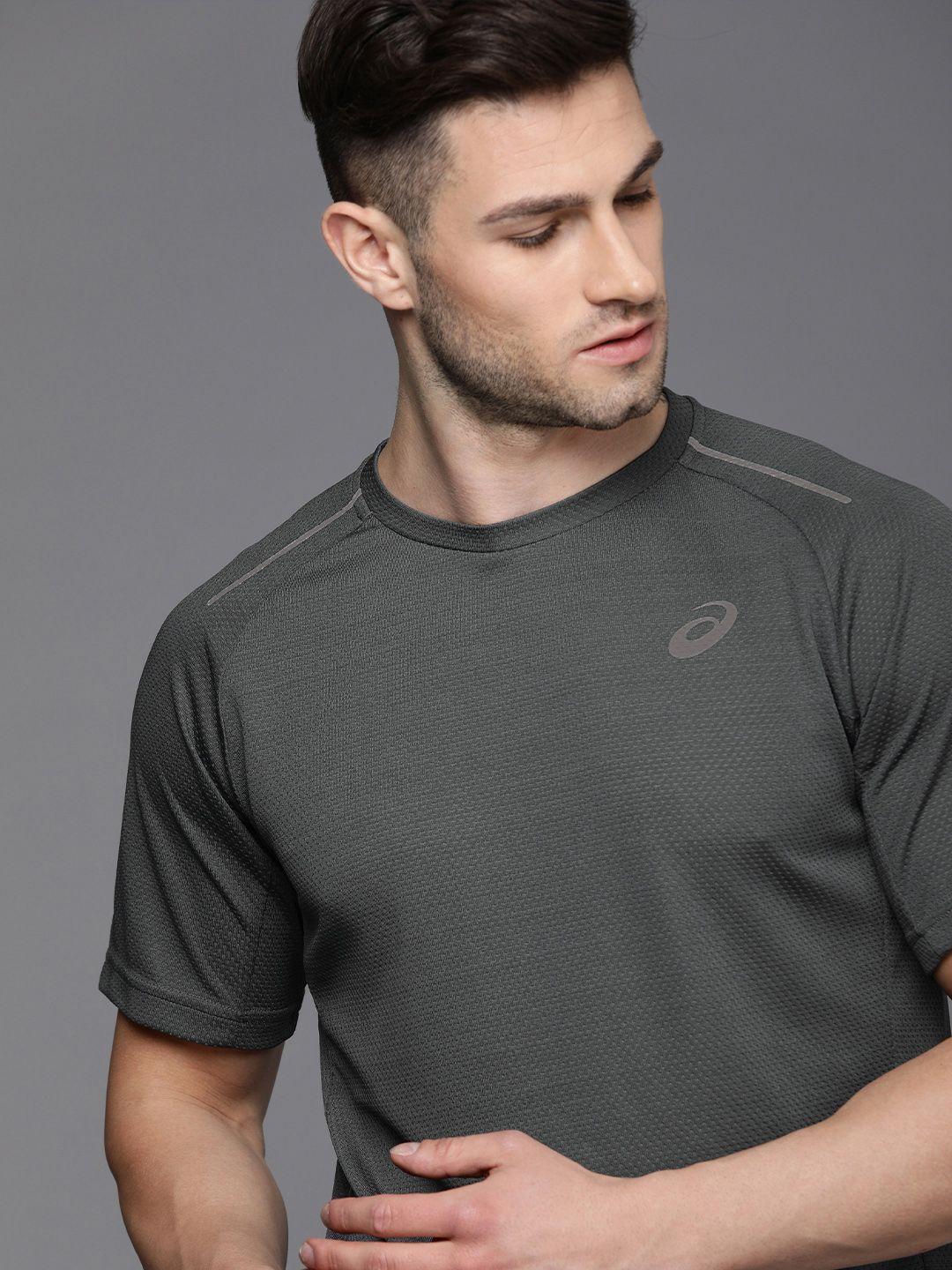 asics men grey self-design  round neck  running t-shirt