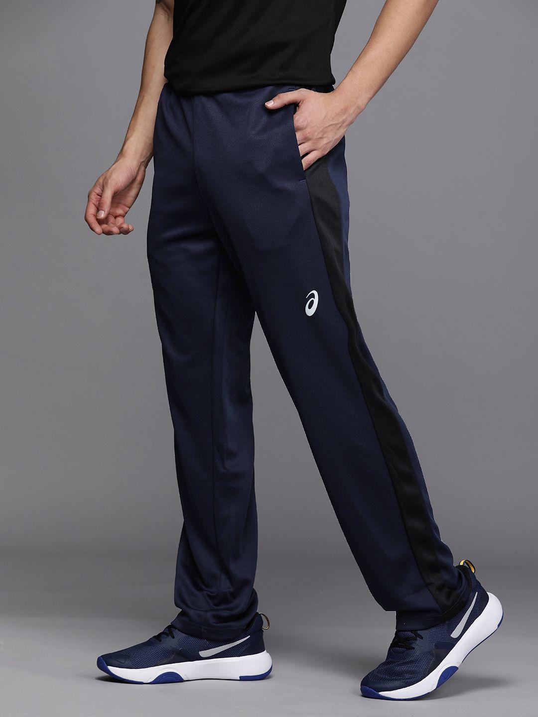 asics men navy blue brand logo printed mid-rise running track pants with side stripes