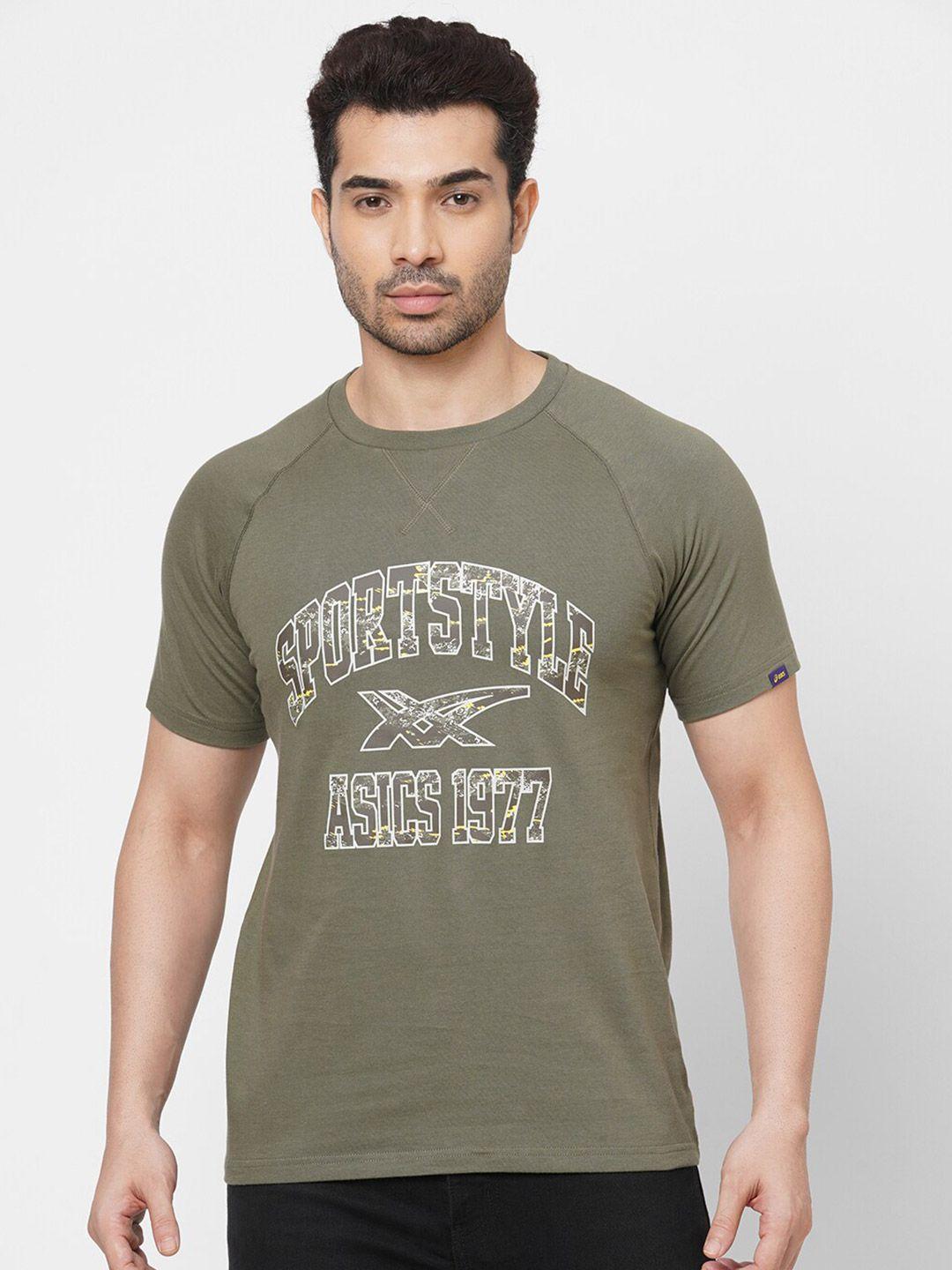 asics men olive green printed round neck cotton t-shirt
