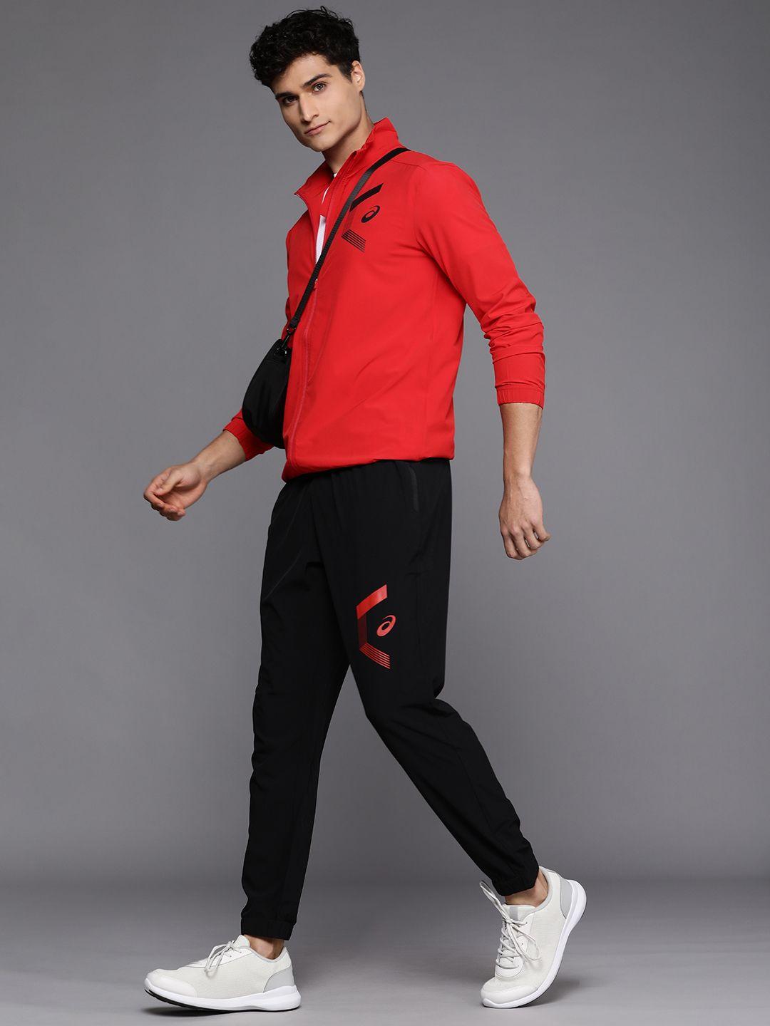 asics men red & black brand logo printed long sleeve open front tracksuit