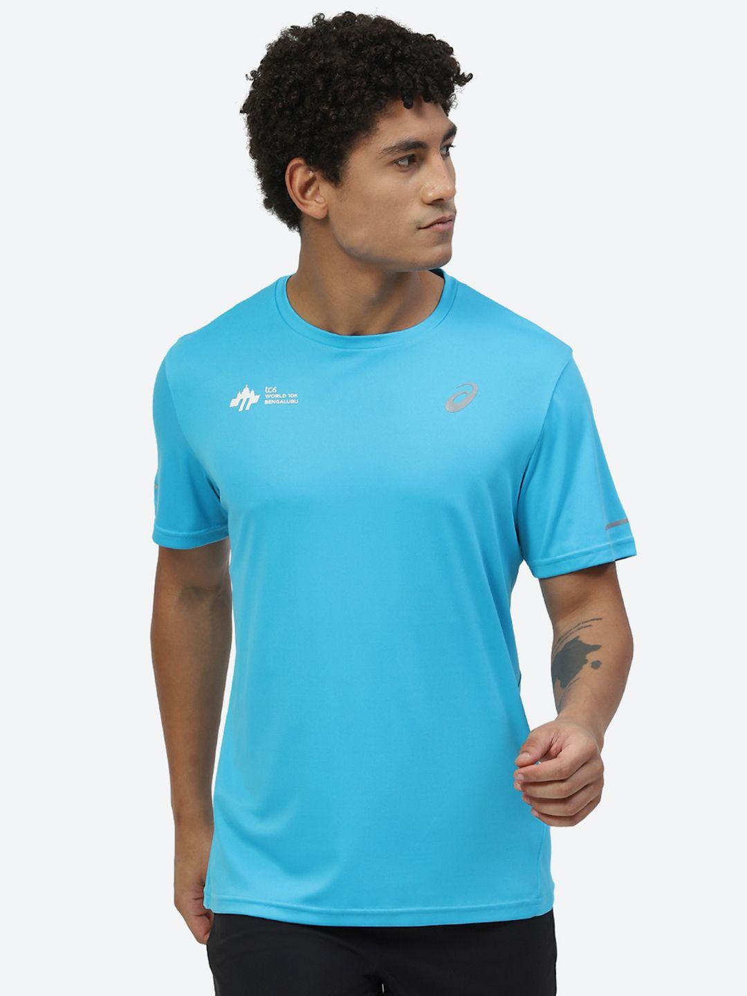 asics men sky blue brand logo printed round-neck sports running t-shirt