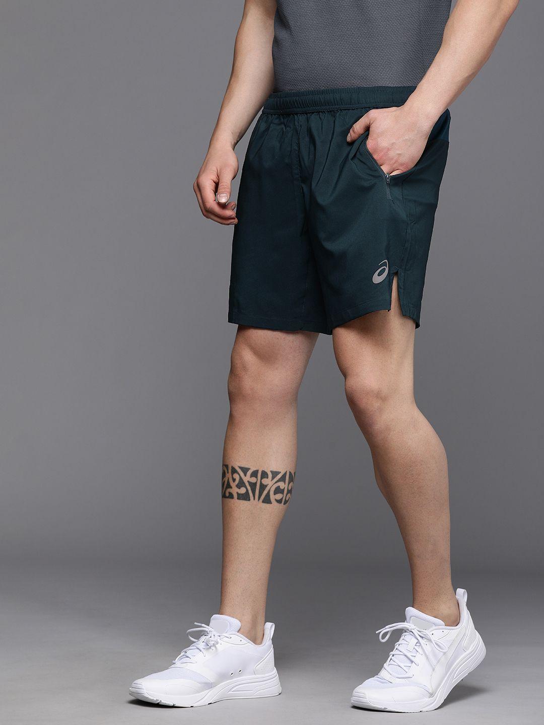 asics men teal green brand logo printed running sports shorts