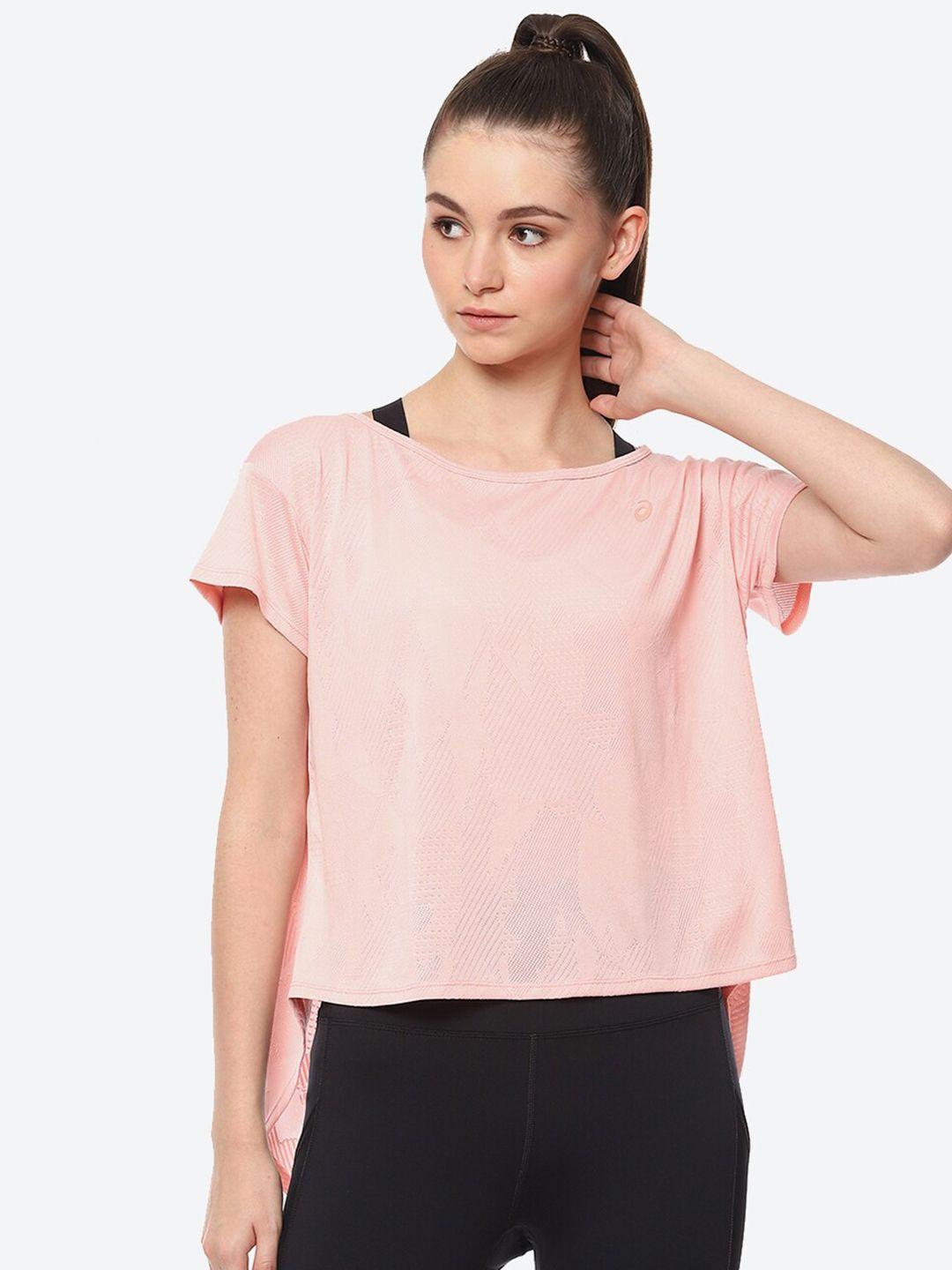 asics movekoyo jacquard ss women pink self design sports t-shirt