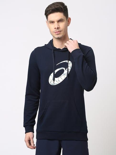 asics navy regular fit graphic print hooded sweatshirt