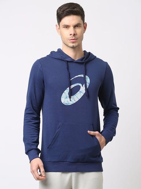 asics ocean blue regular fit graphic print hooded sweatshirt