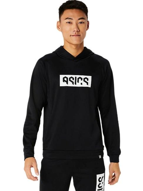 asics performance black regular fit printed hooded sweatshirt