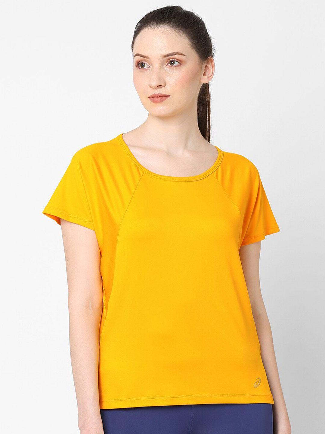 asics side slit ss women yellow solid t-shirt