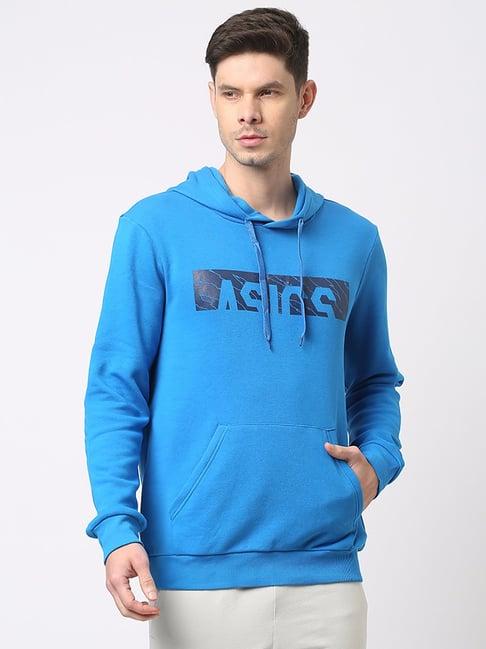 asics sky blue regular fit graphic print hooded sweatshirt