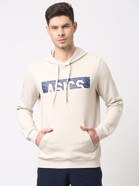 asics smoke grey regular fit graphic print hooded sweatshirt