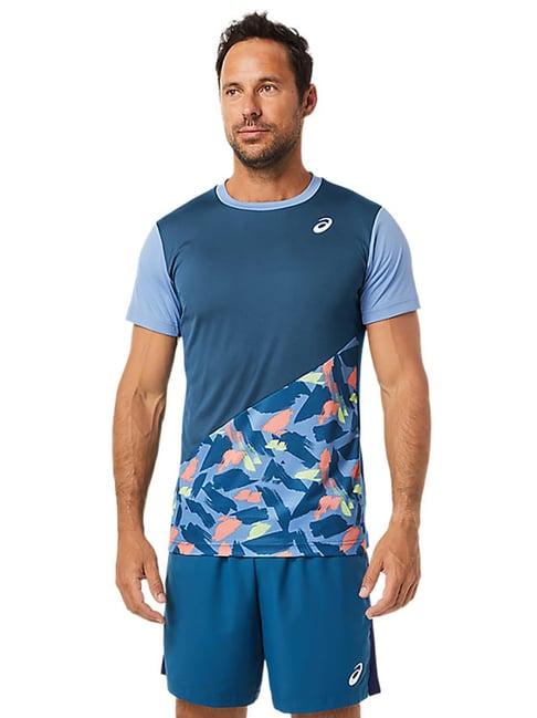 asics teal blue round neck court graphic t-shirt