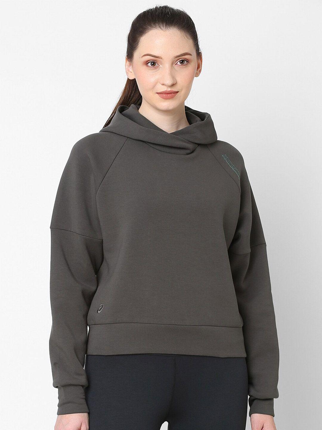 asics tech knit pullover women grey solid hooded sweatshirt