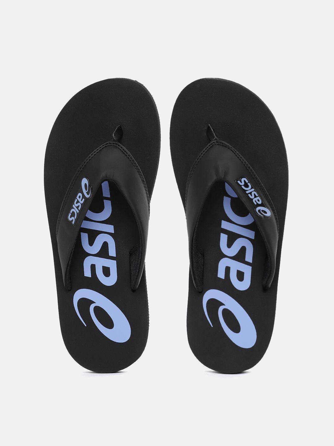 asics unisex black & lavender brand logo printed thong flip-flops