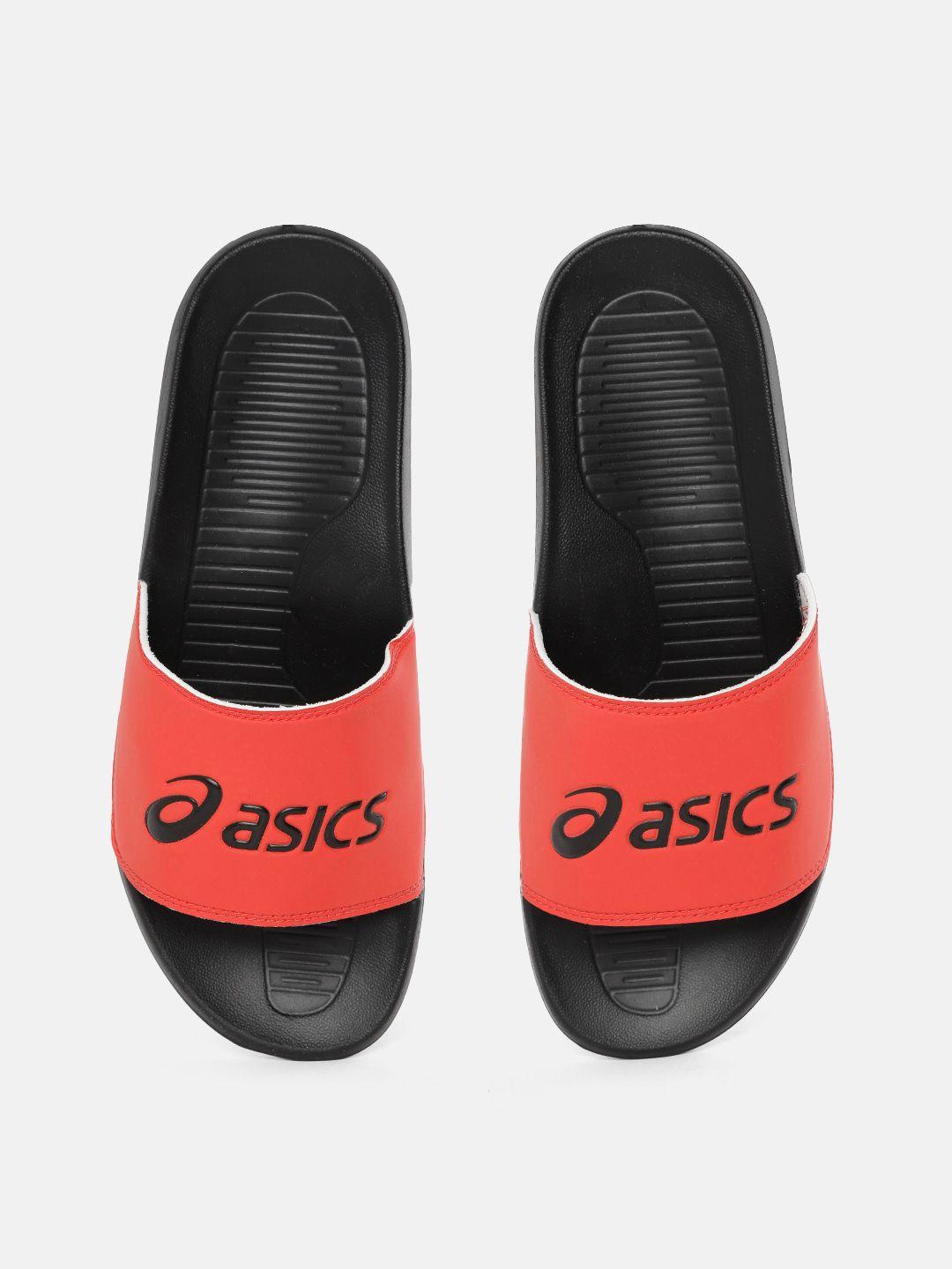 asics unisex coral orange & black brand logo print sliders
