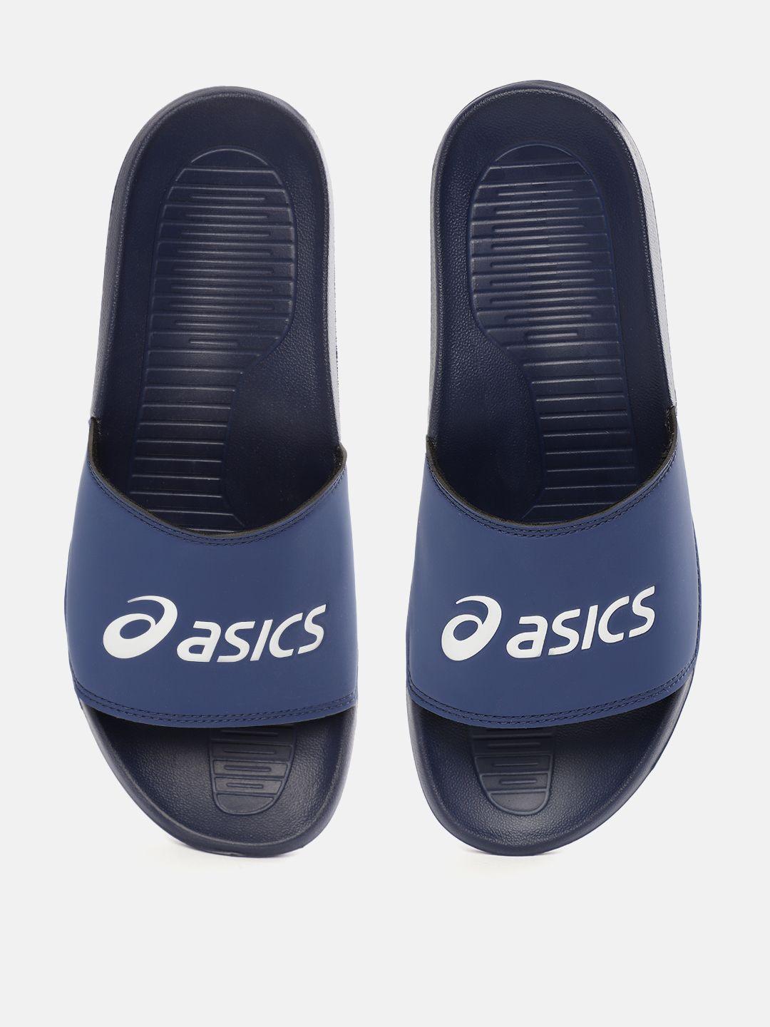 asics unisex navy blue & white as003 brand logo print sliders