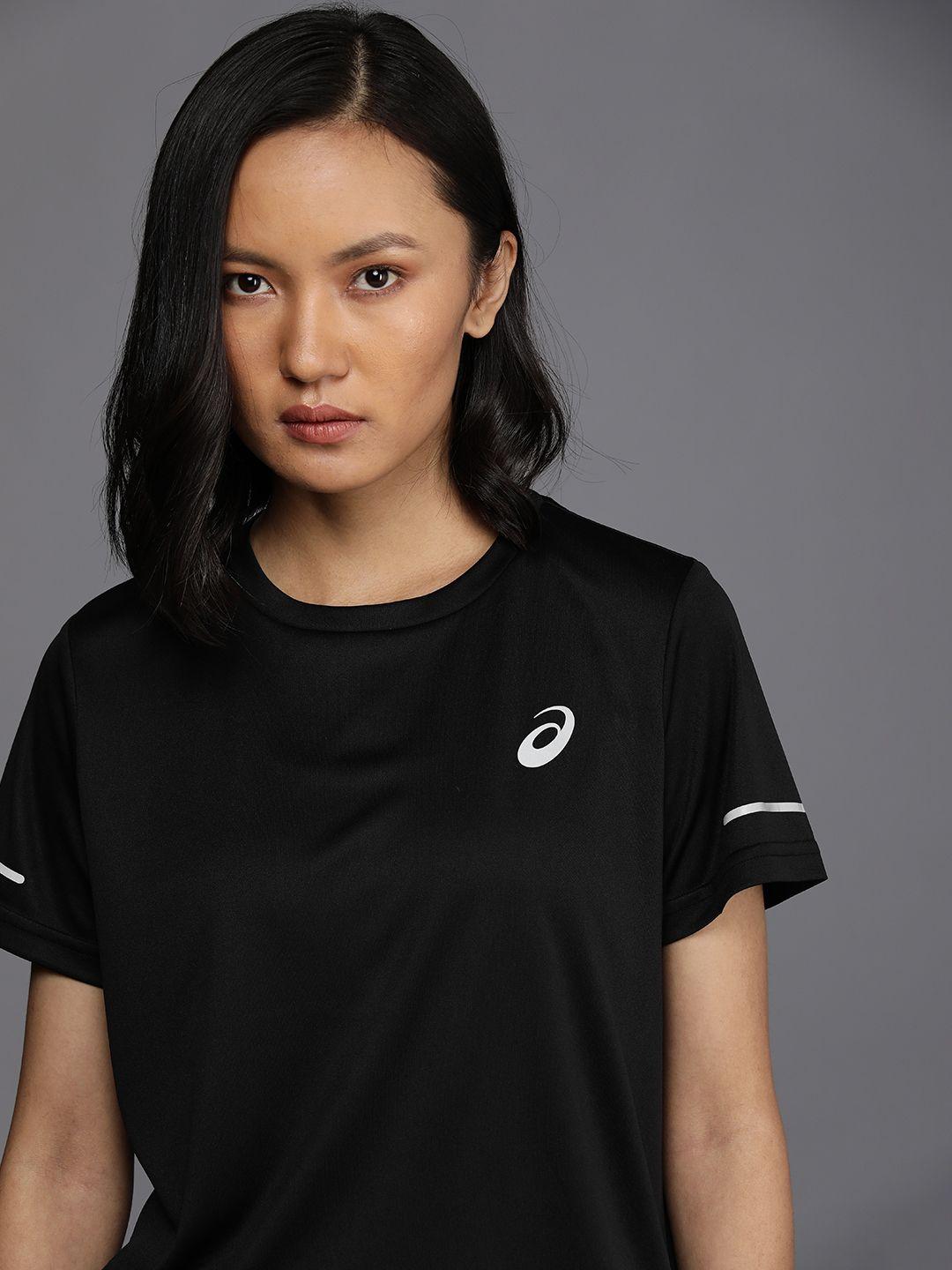 asics women black & grey brand logo printed round neck running t-shirt