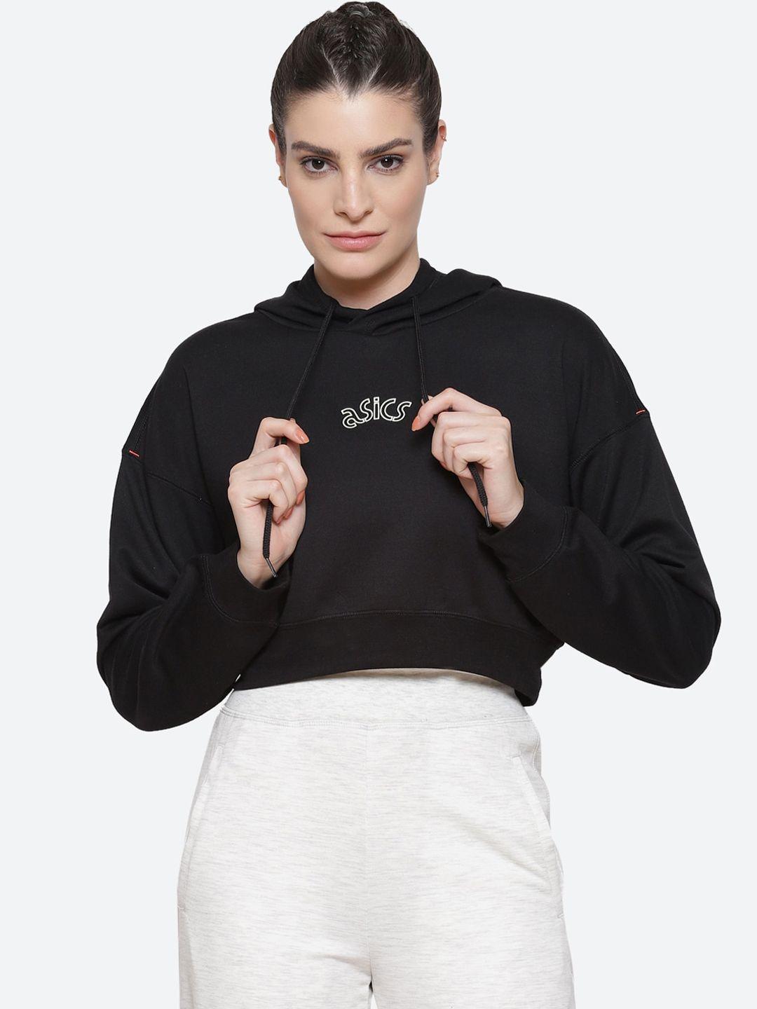 asics women black & white brand logo printed hooded sweatshirt w pullover