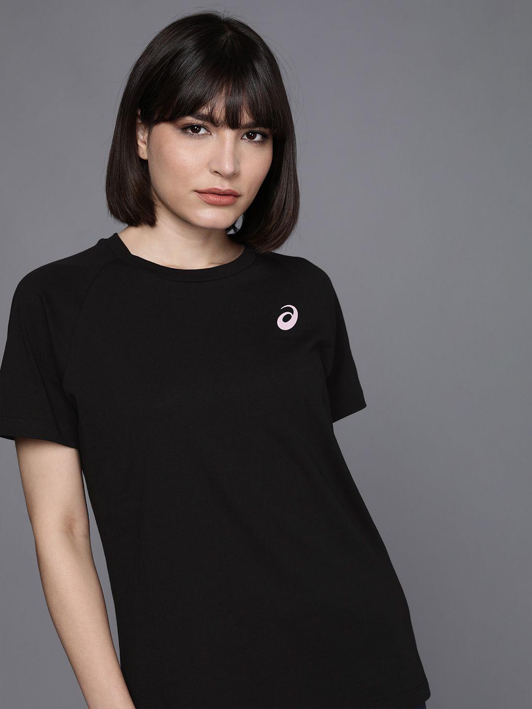 asics women black solid pure cotton t-shirt