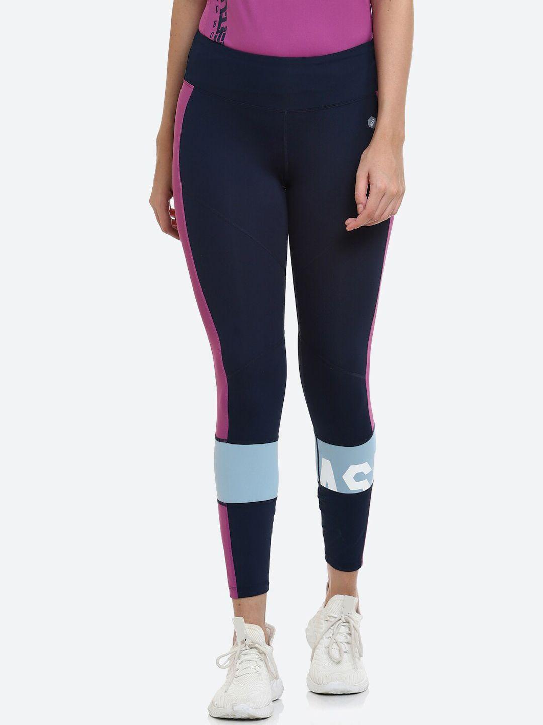 asics women blue & pink colourblocked cropped training tights color block cropped 2