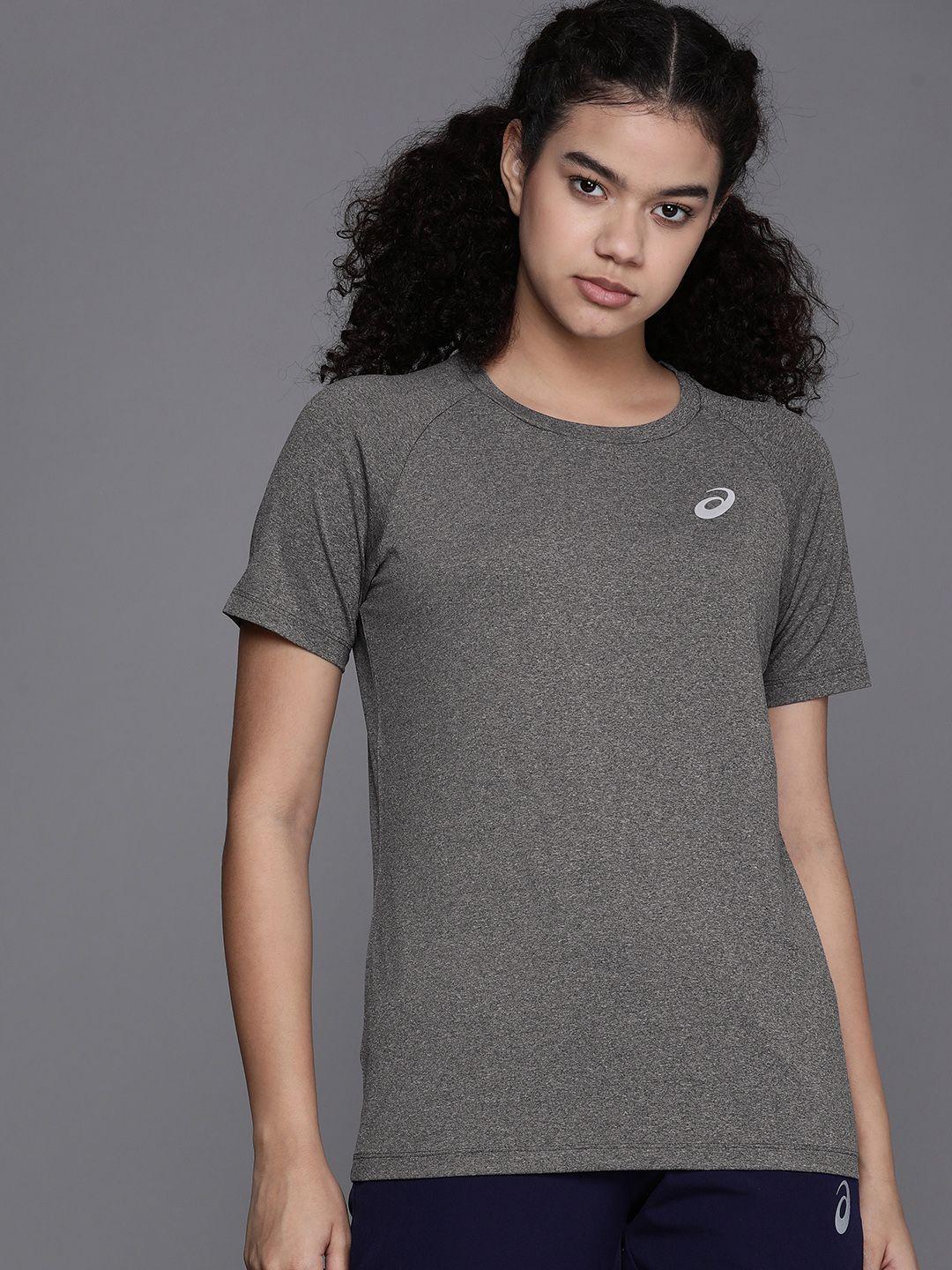 asics women charcoal grey solid basic ss sports running t-shirt with logo detail