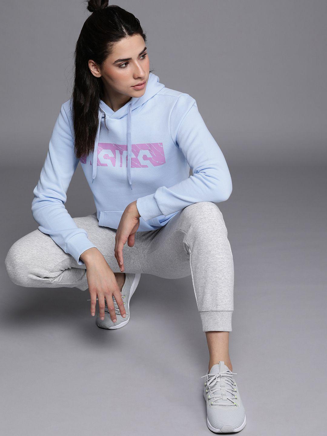 asics women light blue brand logo printed hooded sweatshirt