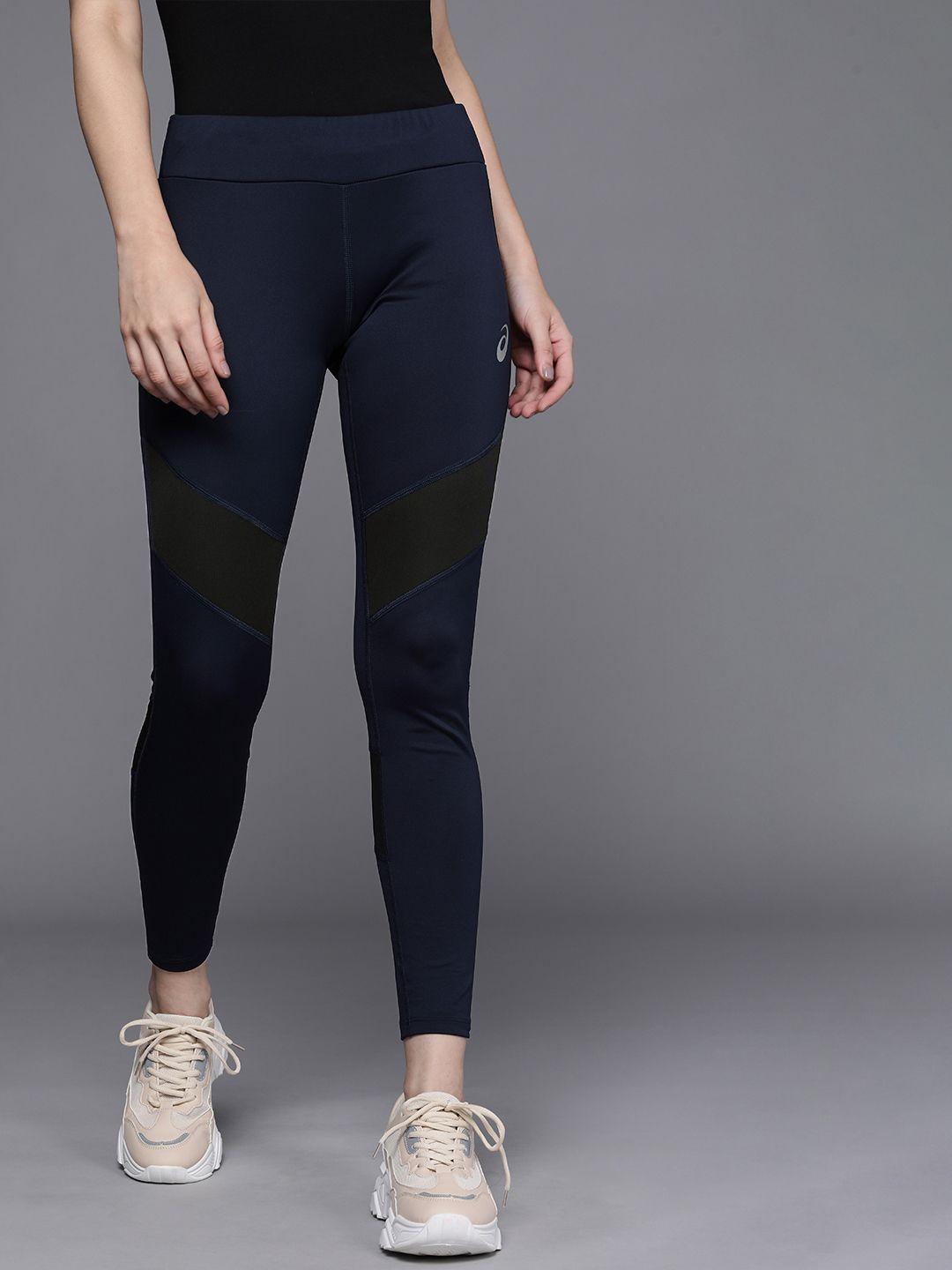 asics women navy blue & black colourblocked paneled running tights