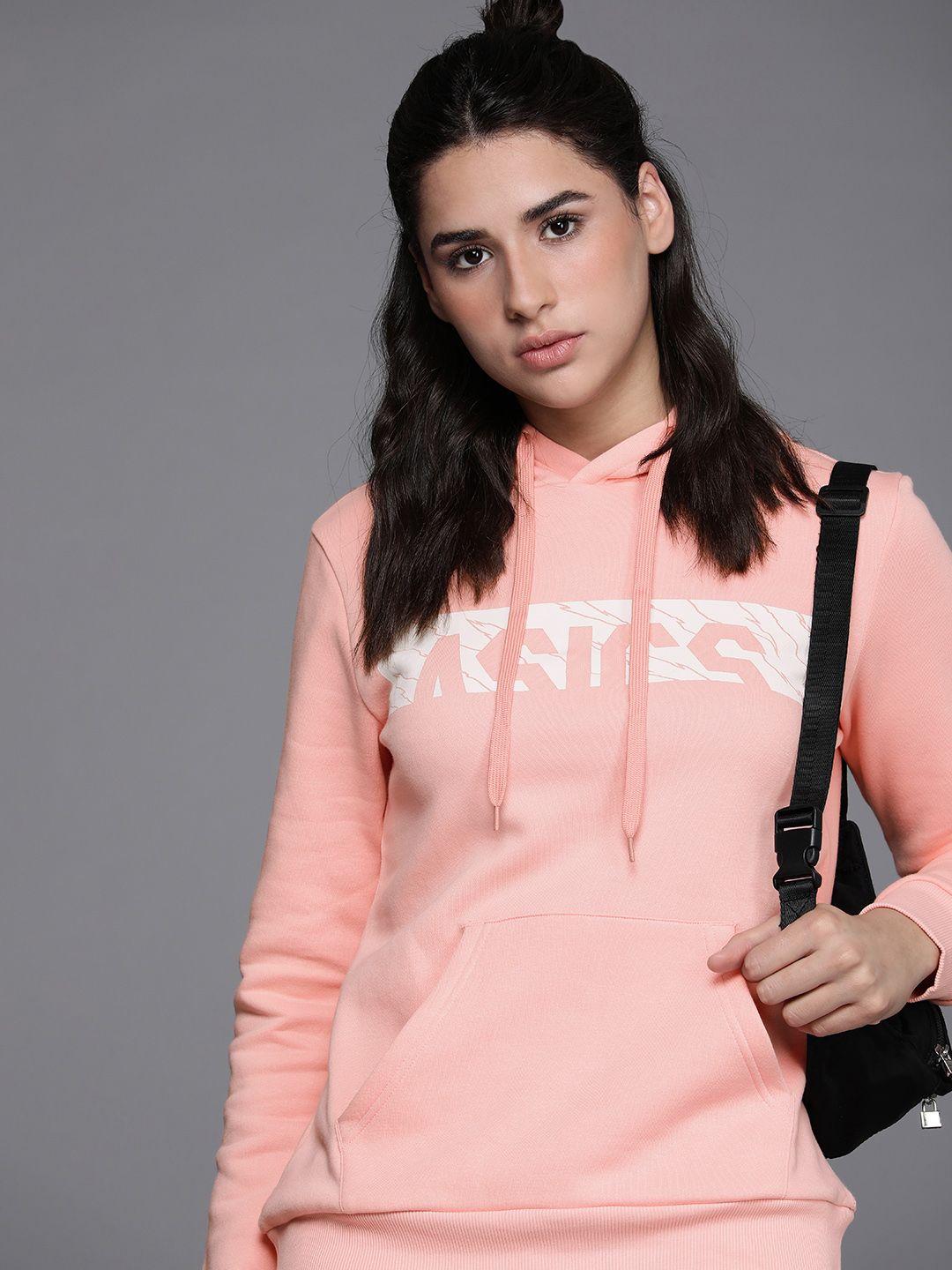 asics women pink brand logo printed hooded sweatshirt