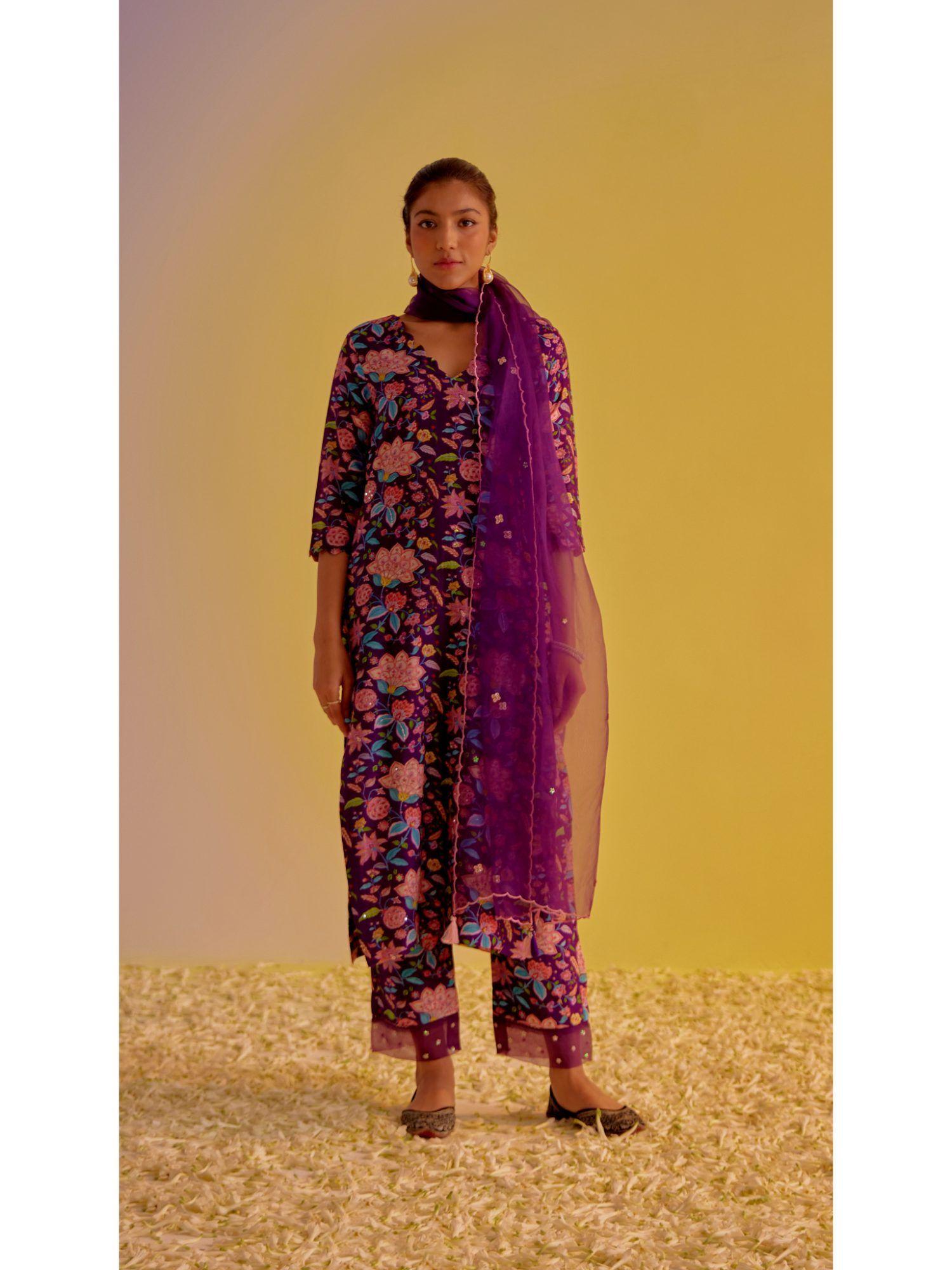 asma : the purple straight printed kurta with pant and dupatta (set of 3)