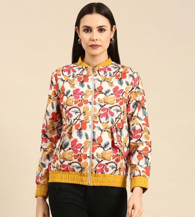 asmi by mayank modi beige, red & yellow floral printed linen bomber jacket