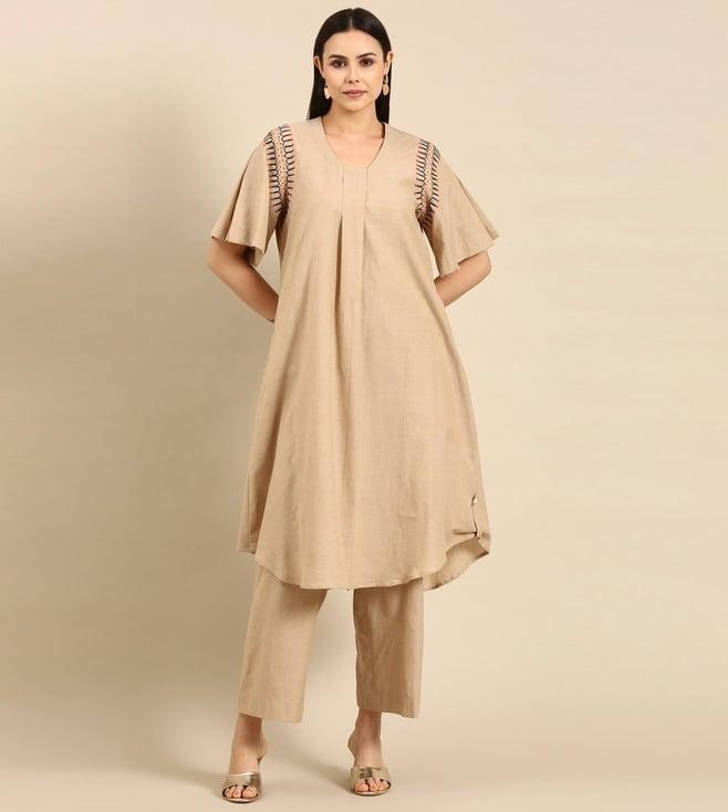 asmi by mayank modi beige cotton embroidered tunic with straight pants