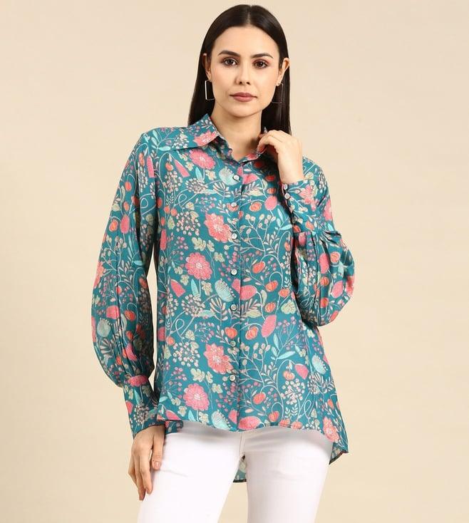 asmi by mayank modi blue & pink printed muslin shirt