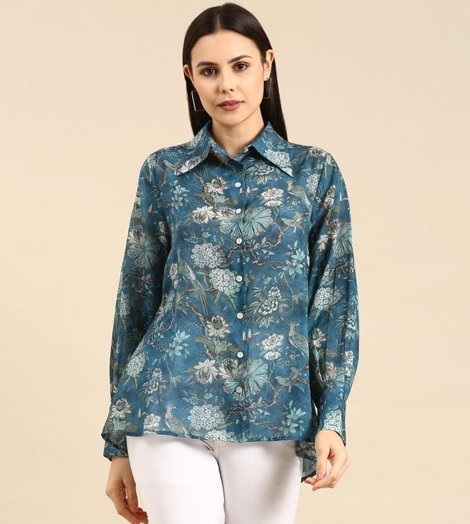 asmi by mayank modi blue mul-mul cotton printed shirt