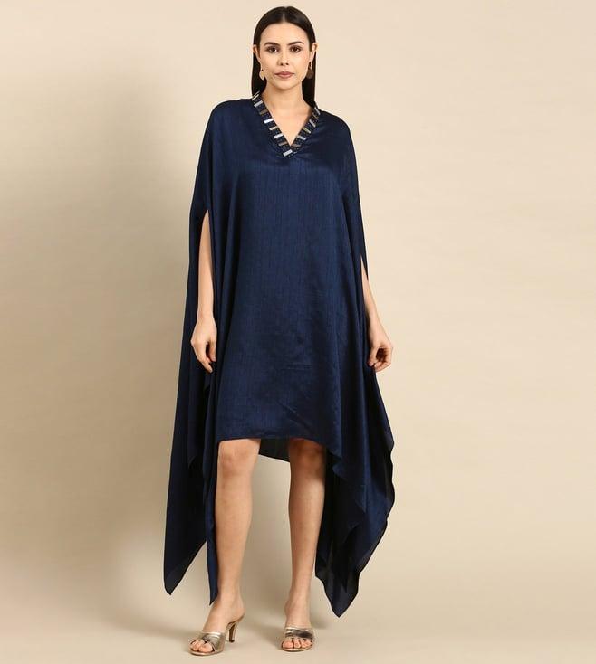 asmi by mayank modi blue slub silk kaftan dress