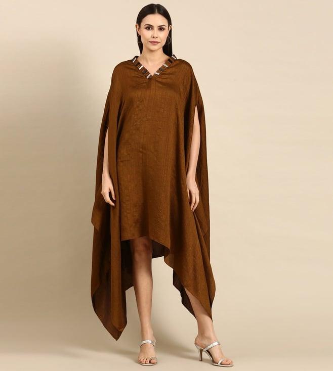 asmi by mayank modi brown slub silk kaftan dress