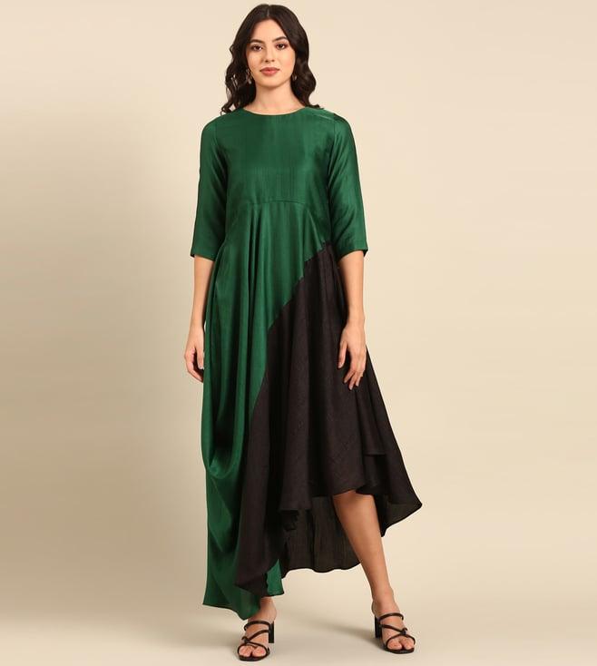 asmi by mayank modi green/black silk cotton slub dress