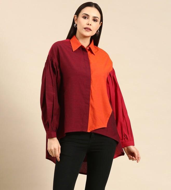 asmi by mayank modi orange & burgundy maroon cotton shirt