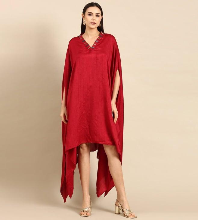 asmi by mayank modi red slub silk kaftan dress