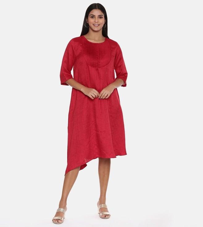 asmi by mayank modi red slub silk pleated dress