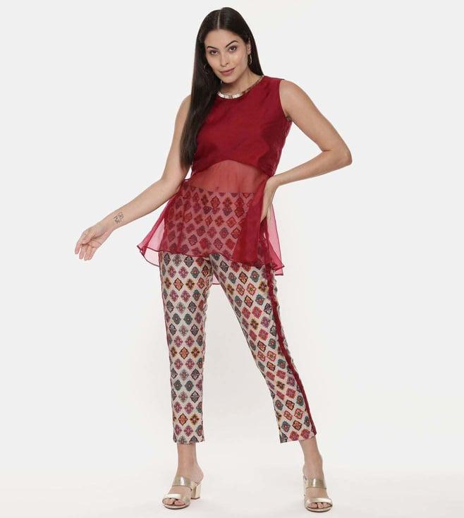 asmi by mayank modi silk chanderi red top with printed pants