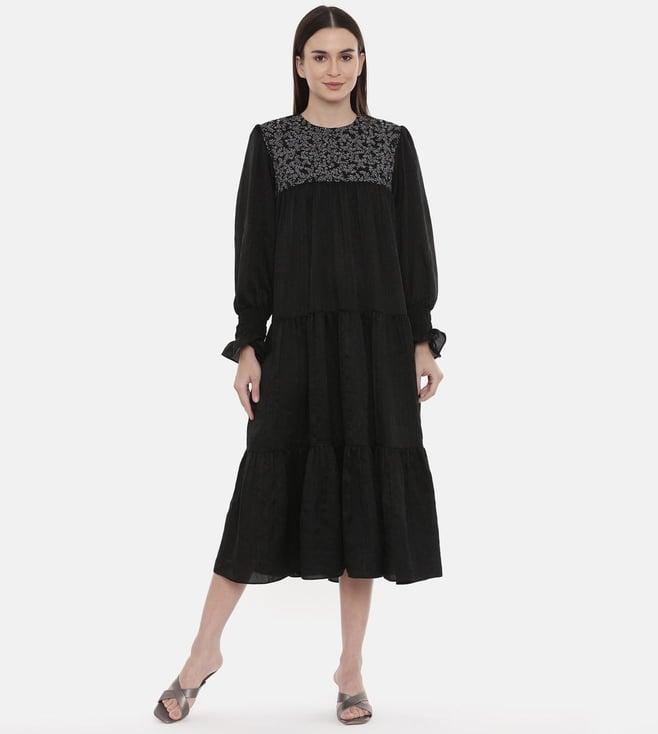 asmi by mayank modi silk slub black embroidered dress