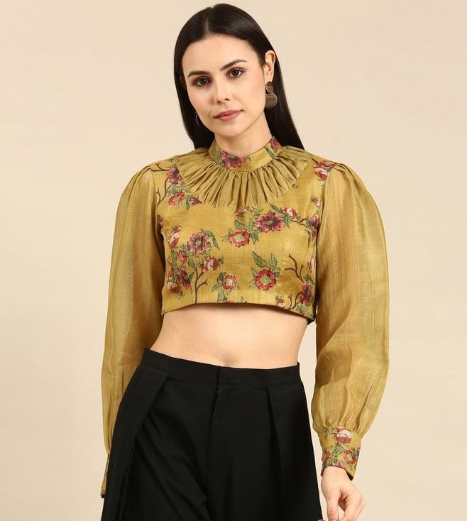 asmi by mayank modi yellow printed chanderi blouse