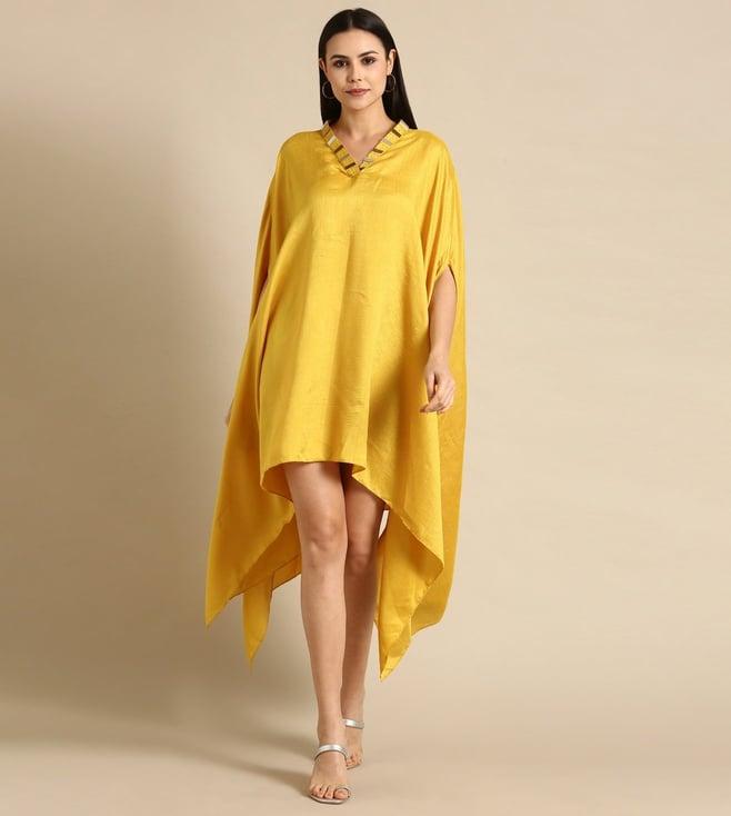 asmi by mayank modi yellow slub silk kaftan dress