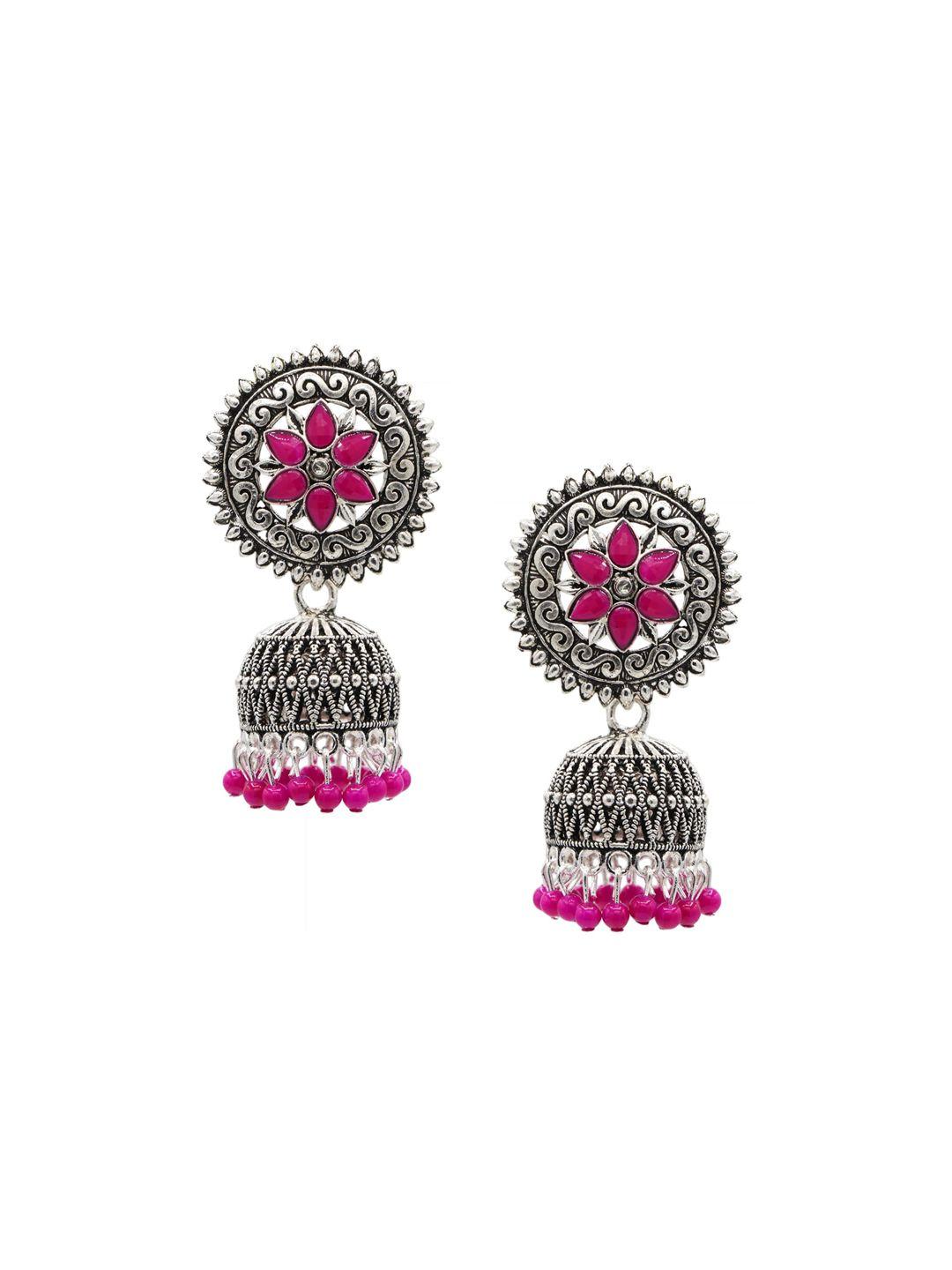 asmitta jewellery pink & silver-toned geometric jhumkas earrings