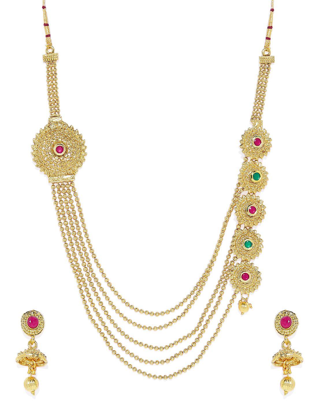 asmitta jewellery gold-plated and & red stone studded layered jewellery set