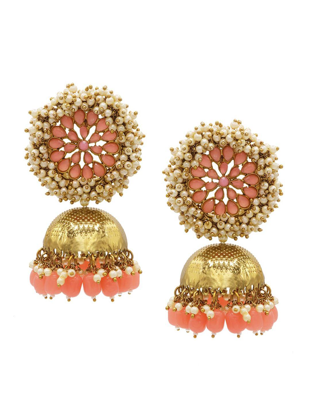 asmitta jewellery gold plated peach-coloured contemporary jhumkas earrings