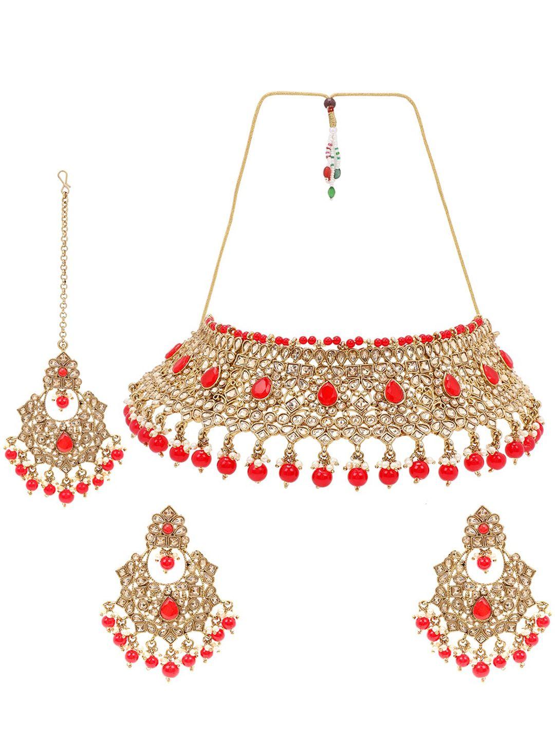 asmitta jewellery gold plated red & beige kundan studded jewellery set