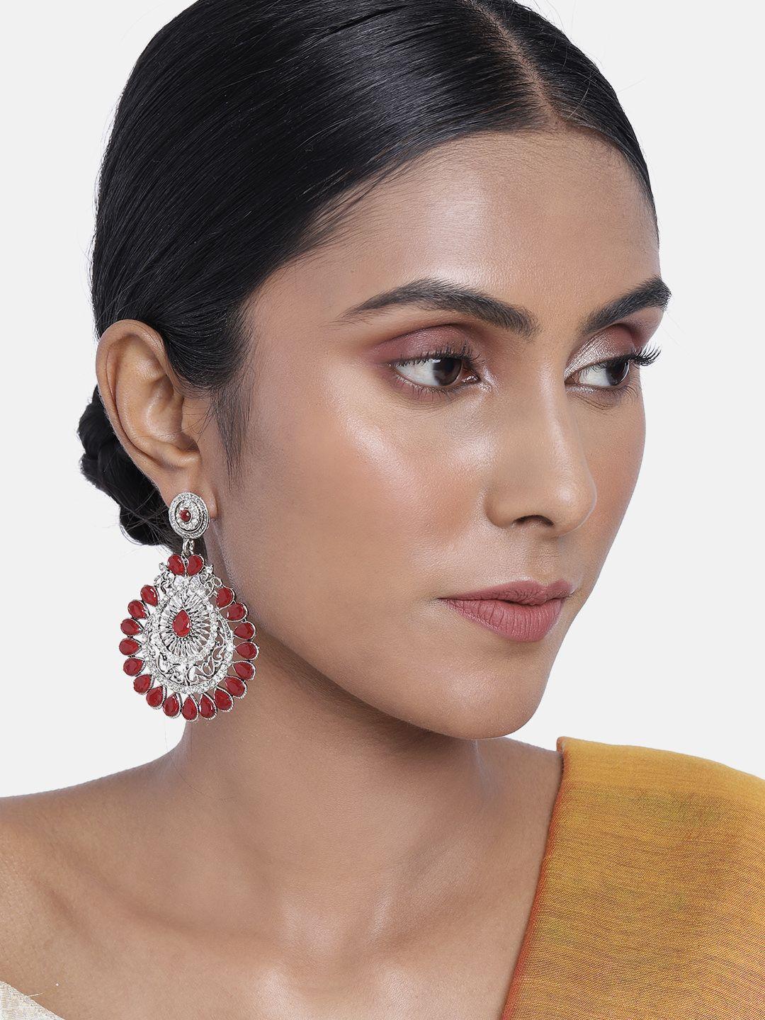 asmitta jewellery silver-toned & maroon teardrop shaped drop earrings