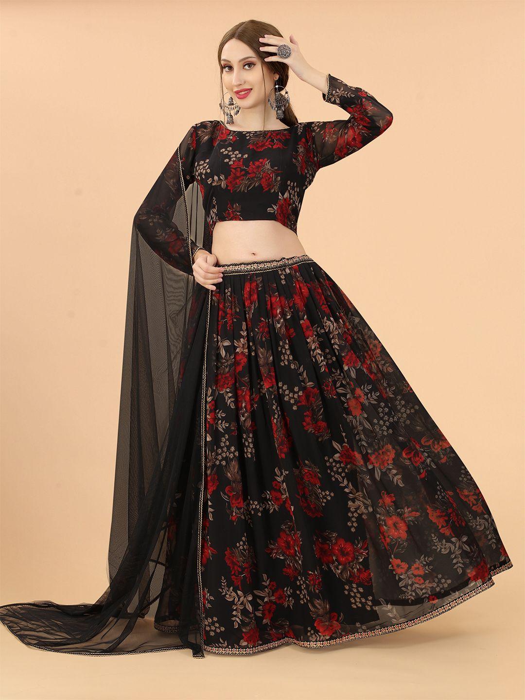 aspora black & red printed ready to wear lehenga & blouse with dupatta