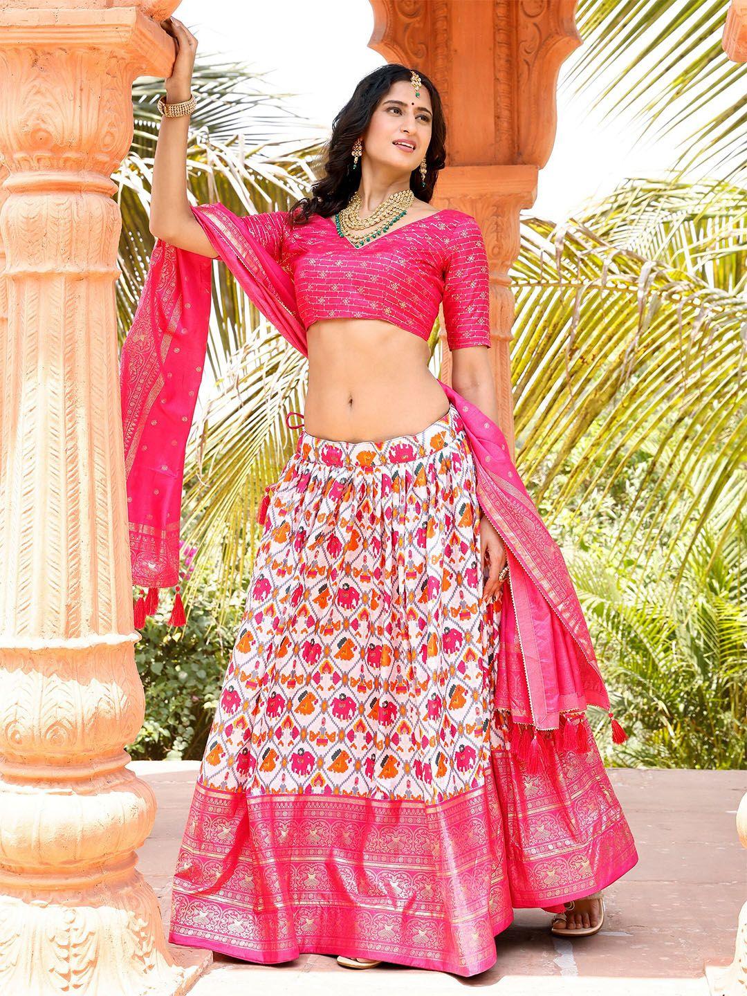 aspora pink & gold-toned printed foil print semi-stitched lehenga & unstitched blouse with dupatta